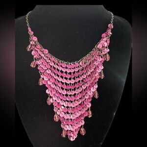 Vintage Pink Sequins & Crystals Layered Cascacading Bib Necklace